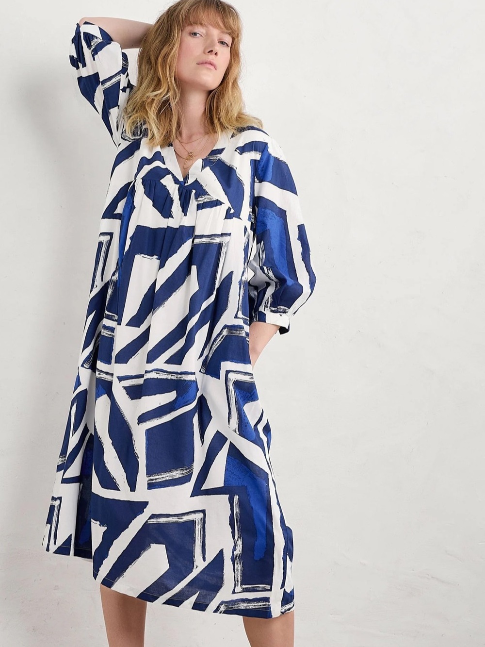 Navy & White Geometric V-Neck Midi Dress